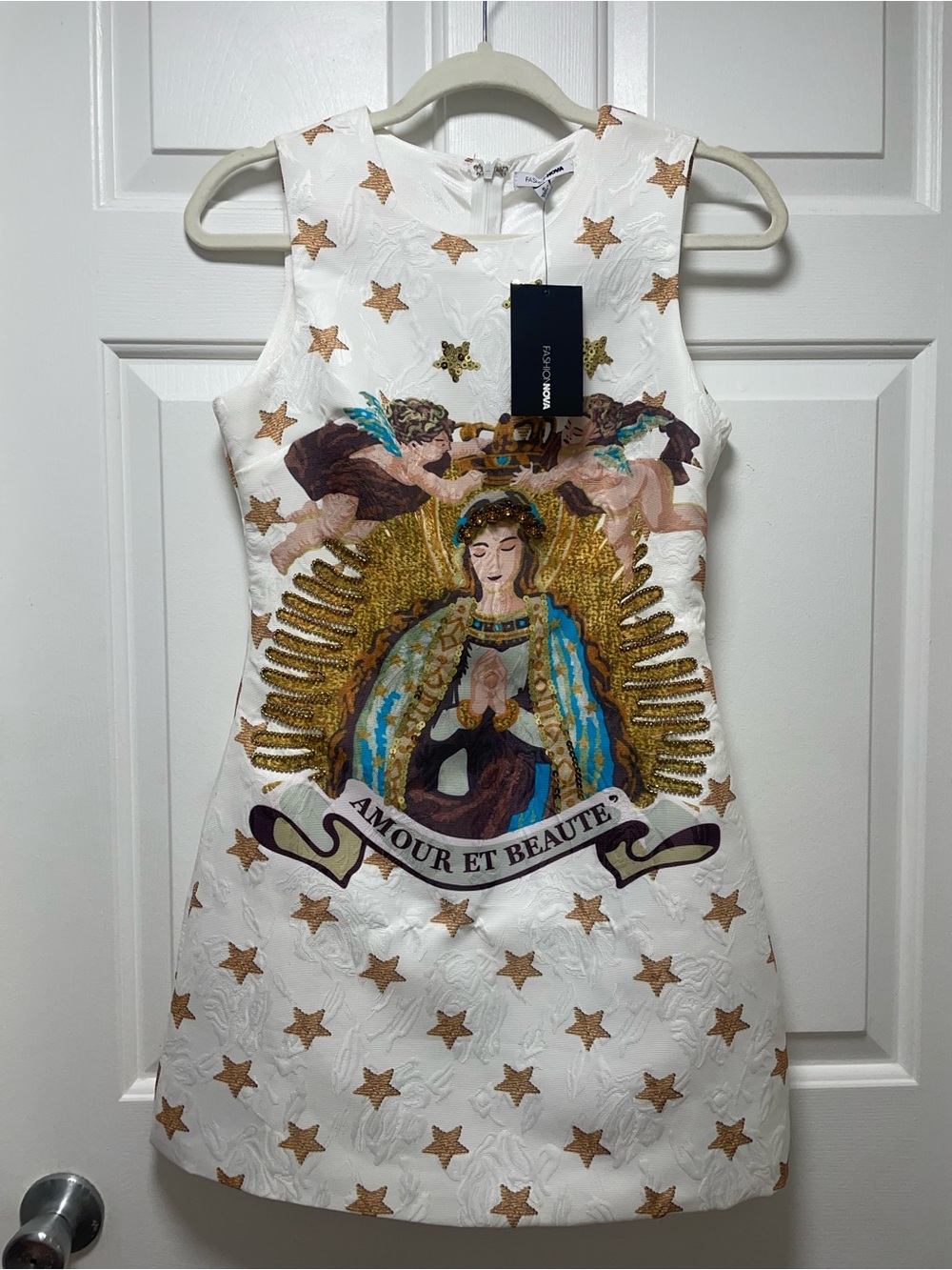 Fashion Nova White Embroidered Dress with Gold Sequin Stars